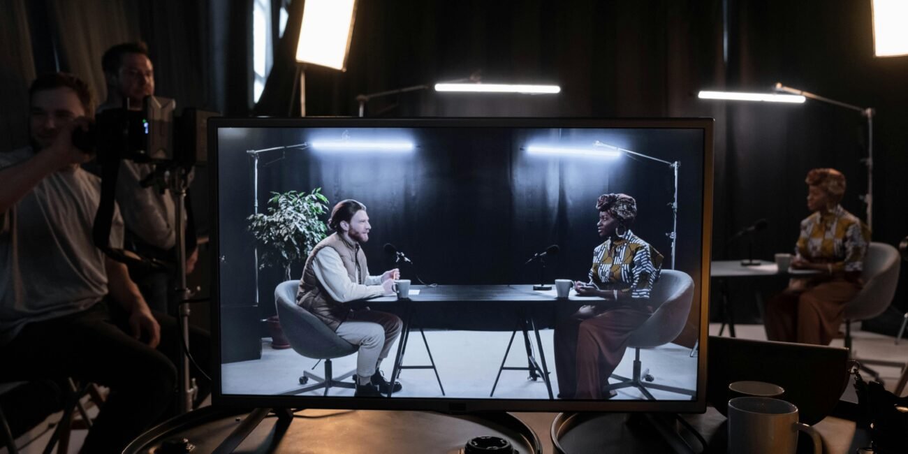 A podcast recording session in a studio with hosts in conversation, captured on screen.